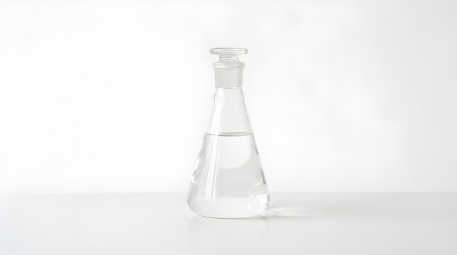 Clear liquid in a laboratory Erlenmeyer flask on a white background