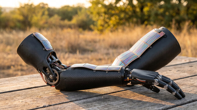 A highly detailed futuristic bionic arm crafted from lightweight carbon fiber and flexible solar panels rests on a wooden table, basking in warm golden hour evening sunlight.