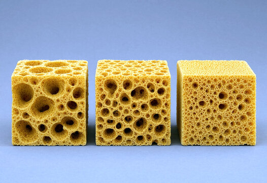 Three different types of yellow sponge blocks with varied porous textures displayed side by side