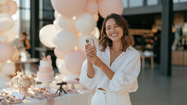 A party planner photographing a finished balloon column beside a cake table setup using a phone on a mini tripod, capturing portfolio content before the venue opens to arriving