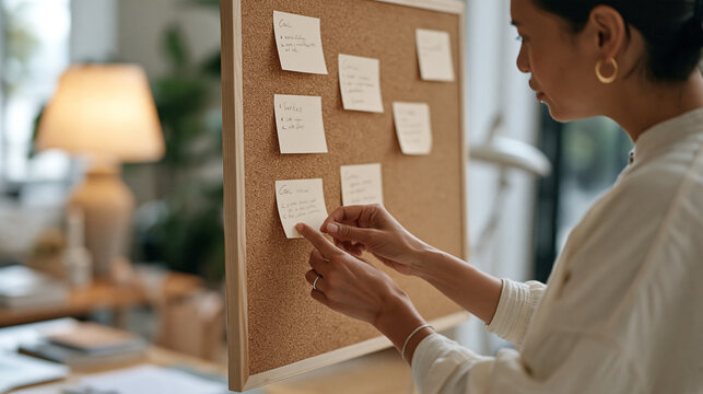 Close up of a personal coach hands placing goal index cards in a ranked order on a corkboard during a values clarification exercise with a client, warm lamp light, intimate