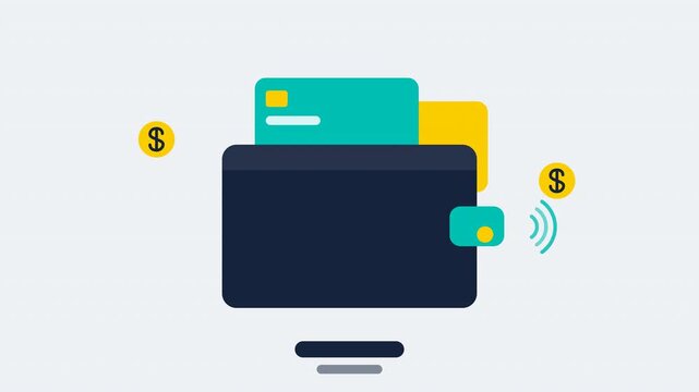 Flat design digital wallet animation with popping wallet body, cards sliding out, attached clasp tab with button, floating coins, contactless waves and balance lines, 4K motion graphics.