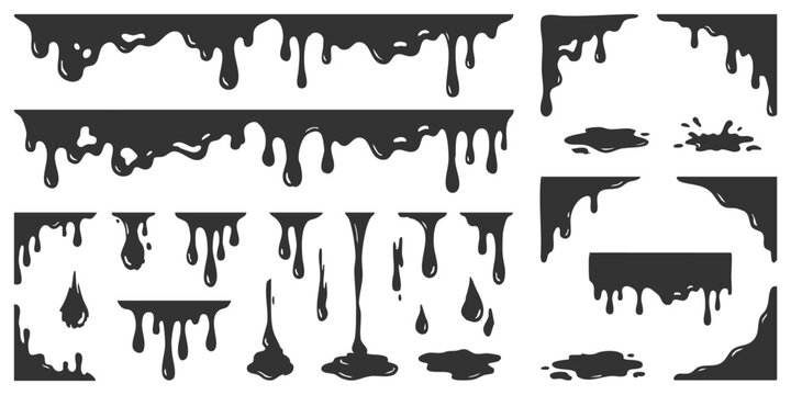 Set of black liquid drips and paint spills with flowing drops and melting edges for creative graphic design