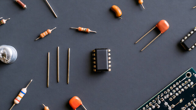 A top down view of various electronic components, microchips, resistors, and capacitors arranged neatly on a dark surface for technology