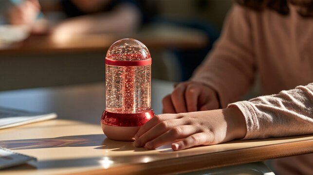 Close-up of a liquid motion bubbler sensory toy on a classroom desk with an autistic child's hands resting beside it, visual calming device, focus aid, sensory stimulation tool,