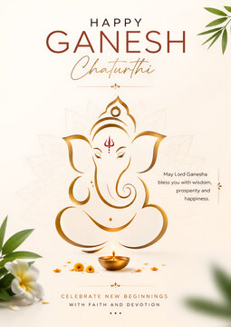 Festive happy ganesh chaturthi greeting card with golden lord ganesha illustration and traditional oil lamp hindu festival indian festival ganpati bappa ganesh utsav
