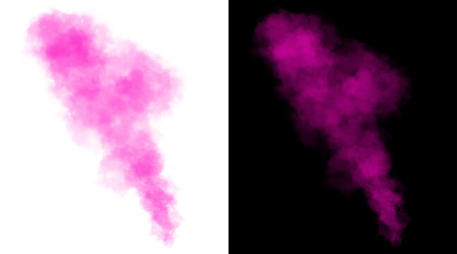 Vibrant pink smoke explosion on white and black backgrounds. Abstract magenta powder cloud, colorful dust burst for creative design overlays.