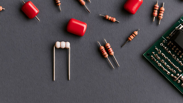 Electronic components spread on a dark surface including resistors, capacitors, and a circuit board for hardware repair and technology concepts