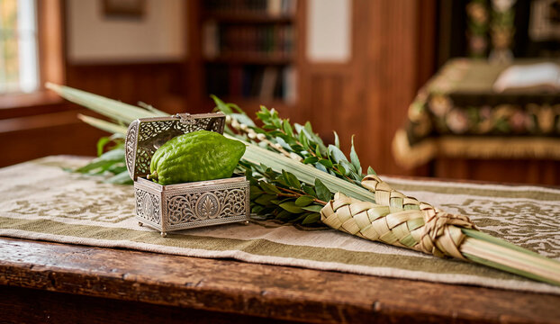 Four Species of Sukkot with Etrog in Silver Box and Lulav Branch