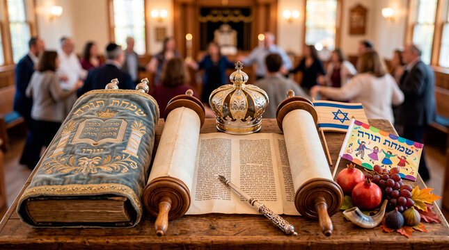 Open Torah Scroll with Crown and Flags for Simchat Torah Celebration