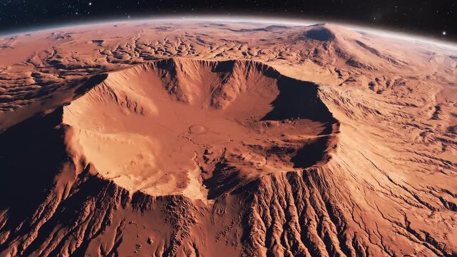 Red planet Mars surface with impact crater during cosmic exploration with celestial bodies