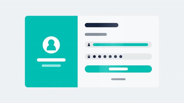 Flat design split login screen animation with teal welcome panel, avatar, typing username, popping password dots and press button, balanced centered layout, 4K motion graphics.