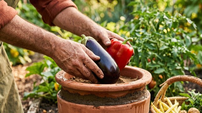 Gardener stores fresh vegetables in a terracotta cooler outdoors