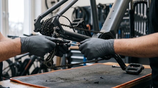 Hands adjust a pedal-assisted bicycle drivetrain