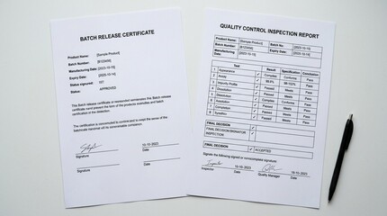 Fototapeta premium Batch Release Certificate Resting beside a Completed Quality Control Inspection Report, Flat Lay
