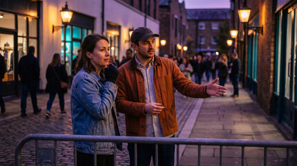 Fototapeta premium Street stewards coordinate pedestrian flow at twilight
