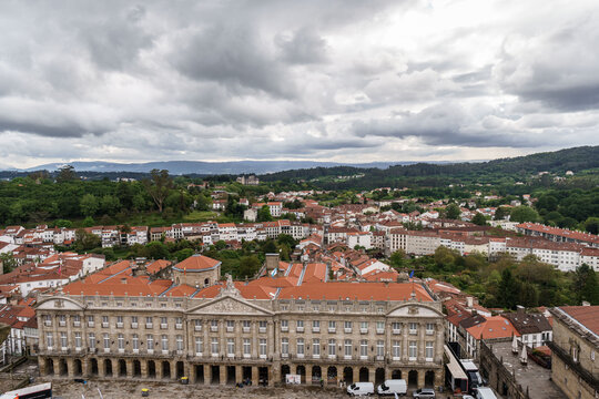 View of Praza do Obradoiro and Pazo de Raxoi from the Cathedral Rooftops, Santiago de Compostela, Galicia, Spain
