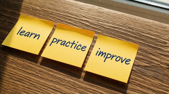 Three yellow sticky notes form path on wooden surface, reading Learn, Practice, Improve. Sequence represents personal pro growth, skill development. Visual metaphor for progress, mastery.
