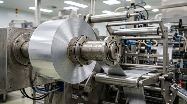 Blister Foil Roll Mounted on a Packaging Machine Spindle, Close-Up View