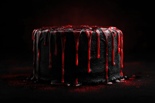 gothic black cake with red drips, detailed cinematic lighting, ultra realistic, halloween theme