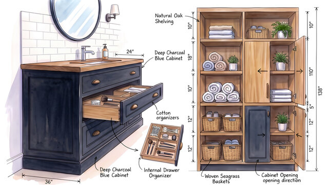 Hand drawn bathroom vanity design with organized storage cabinet, drawers, shelves, and natural wood details