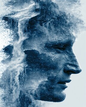 A male profile merges with a waterfall flowing from the mind, depicting a strong emotional release with misty shades of blue.