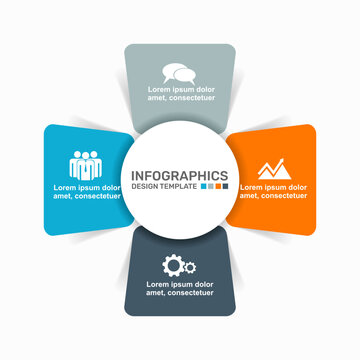 Circular infographic design template with four colorful options, a central circle, icons, and dummy text. Vector illustration.