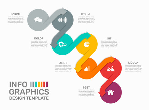 Seven-step circular infographic design template with connected elements, text, and directional arrows. Vector illustration.