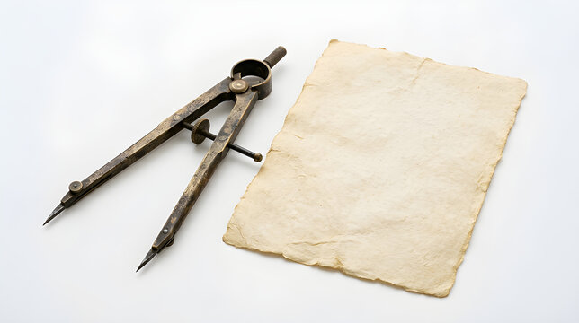 Vintage drafting compass and blank aged parchment paper on a white background