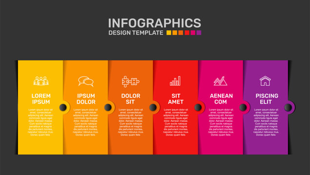 Business infographic template with six colorful vertical columns, linear icons, and text placeholders. Vector illustration.