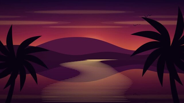 Tropical Sunset Over Calm Waters With Palm Trees.