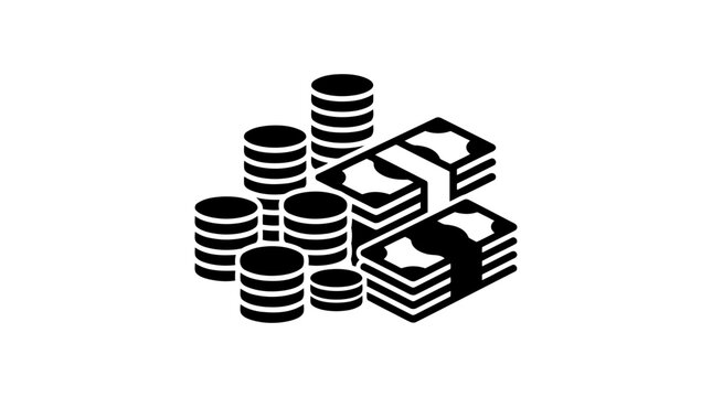 Stacks of coins and banknotes form a stark black silhouette