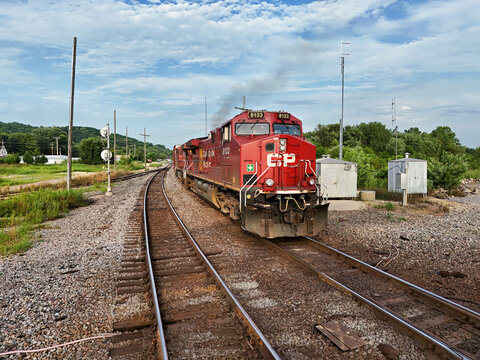 Savanna, Illinois Auggust 16, 2026 Canadian Pacific 8133 ES44AC locomotive leading a freight train on mainline tracks