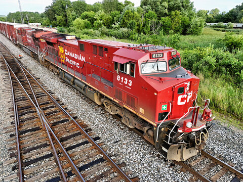 Savanna, Illinois Auggust 16, 2026 Canadian Pacific 8133 ES44AC locomotive leading a freight train on diverging mainline tracks