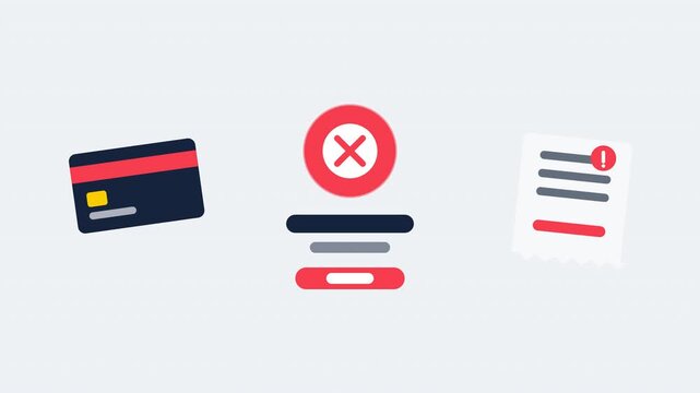 Flat design payment failed animation with red declined badge and X mark, shaking credit card, receipt with alert stamp, falling sparks and retry pill, 4K motion graphics.