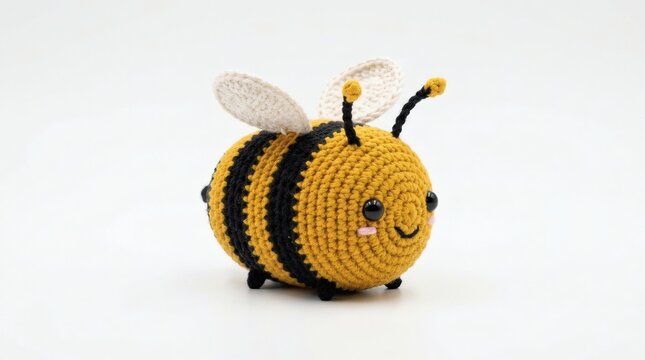 A cute, amigurumi bee with black and yellow stripes sits in profile, its delicate wings spread and antennae poised. Its round body and tiny black eyes give it an endearing appearance