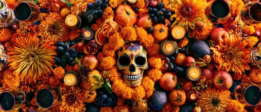 Day of the Dead Wine Altar with Skull and Autumn Fruit