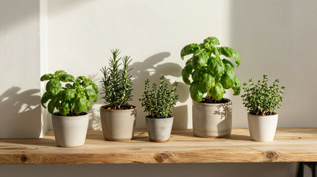  Various Fresh Herb Plants in Ceramic Pots on Wooden Shelf