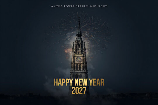 A tall gothic clock tower striking midnight with fireworks exploding in the dark night sky and happy new year 2027 text in golden lettering