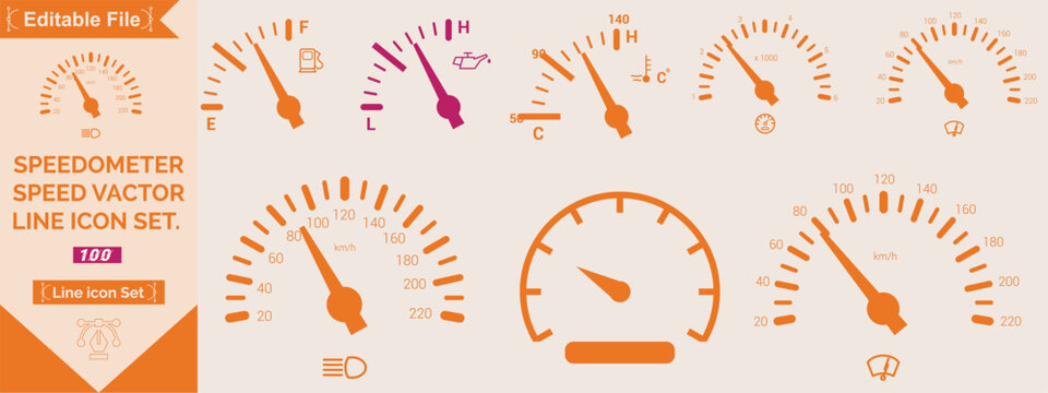 Speedometer Icon Set, speed indicator gauge dashboard tachometer scale, speedometer with arrow, editable stroke line vector illustration for vehicle, app, and dashboard design.