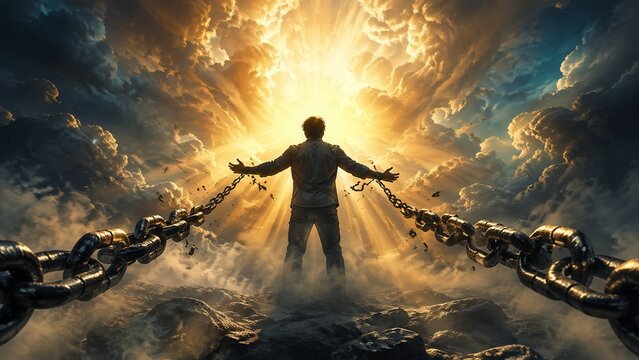 A man breaking free from the chains of sin toward a bright and hopeful future.