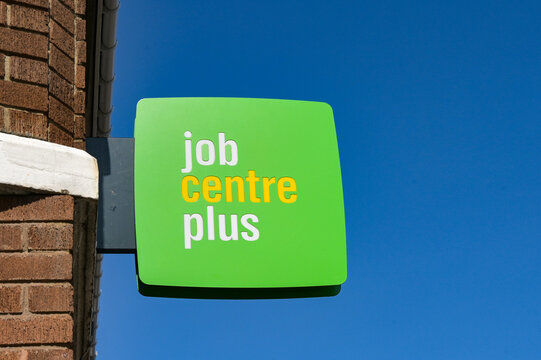 Porthmadog, Gwynedd, Wales, UK - 22 August 2026: Sign above the entrance to the Jobcentre Plus office in the town centre of Portmadog
