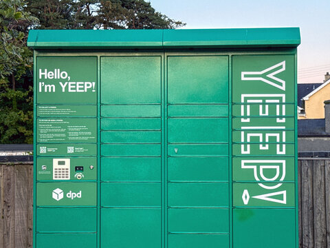 Porthmadog, Gwynedd, Wales, UK - 22 August 2026: Lockers for online deliveries operated by Yeep and DPD