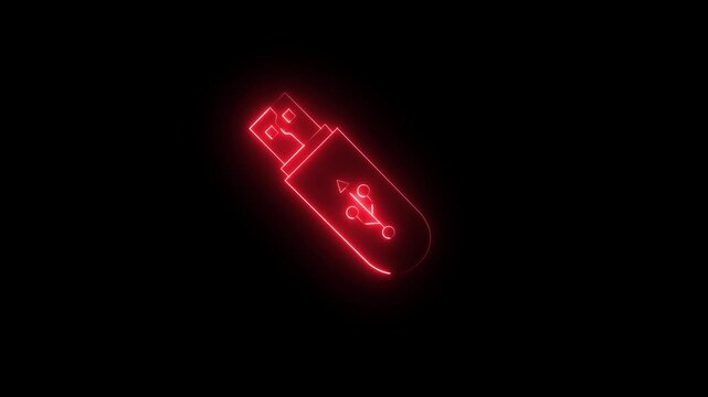 Abstract neon red color  USB drive icon isolated on black background. USB Drive icon animation. Security, safety, protection concept. Connect external device USB sign 4k animation video.