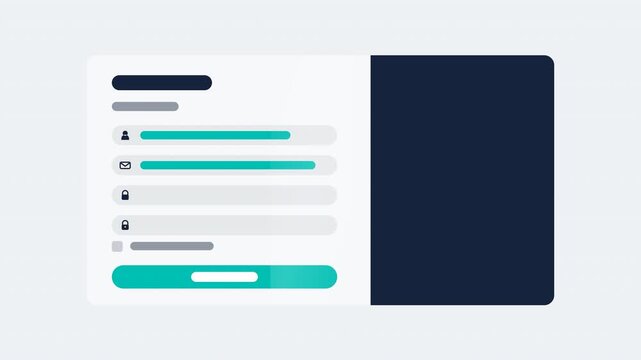 Flat design split register screen animation with navy welcome panel, avatar, four form fields with icons typing and popping, terms checkbox and register button, 4K motion graphics.