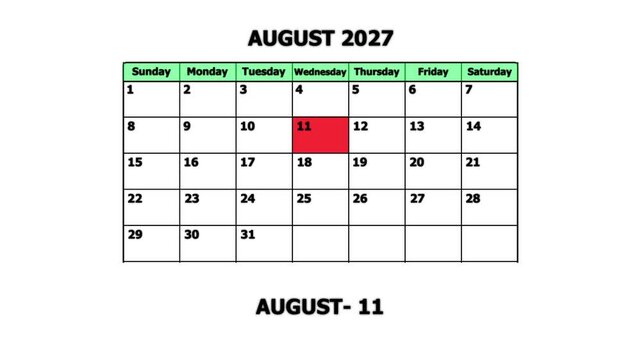 August 2027 calendar page with highlighted date of august 11th for planning and scheduling schedule