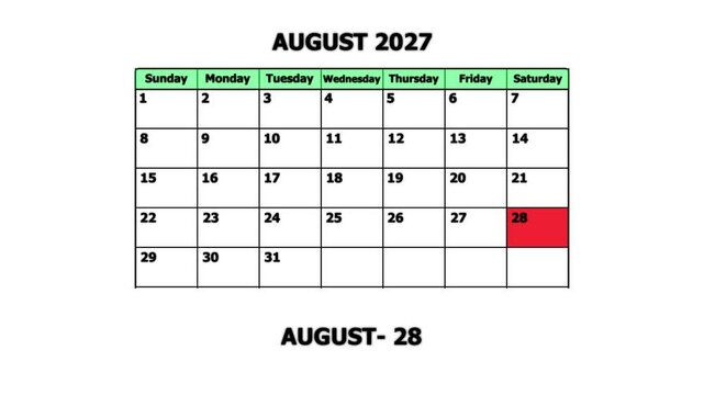 August 2027 calendar page highlight with marked date of august 28th for planning and scheduling schedule
