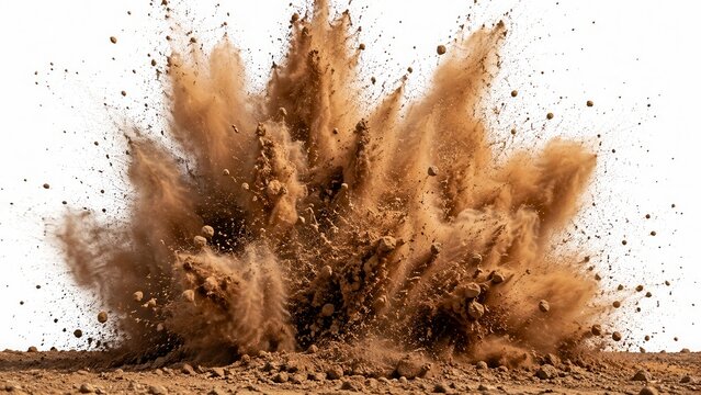 Brown dust and sand smoke cloud exploding on a white background.