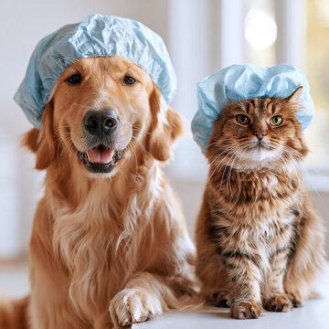 A golden retriever and a brown tabby cat sitting together wearing light blue bouffant surgical caps as a concept of welcoming veterinary clinic with blurred background of veterinary office