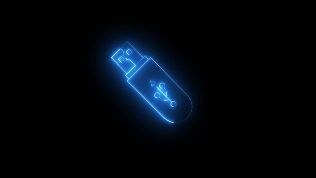 Abstract neon blue color USB drive icon isolated on black background. USB Drive icon animation. Security, safety, protection concept. Connect external device USB sign 4k animation video.